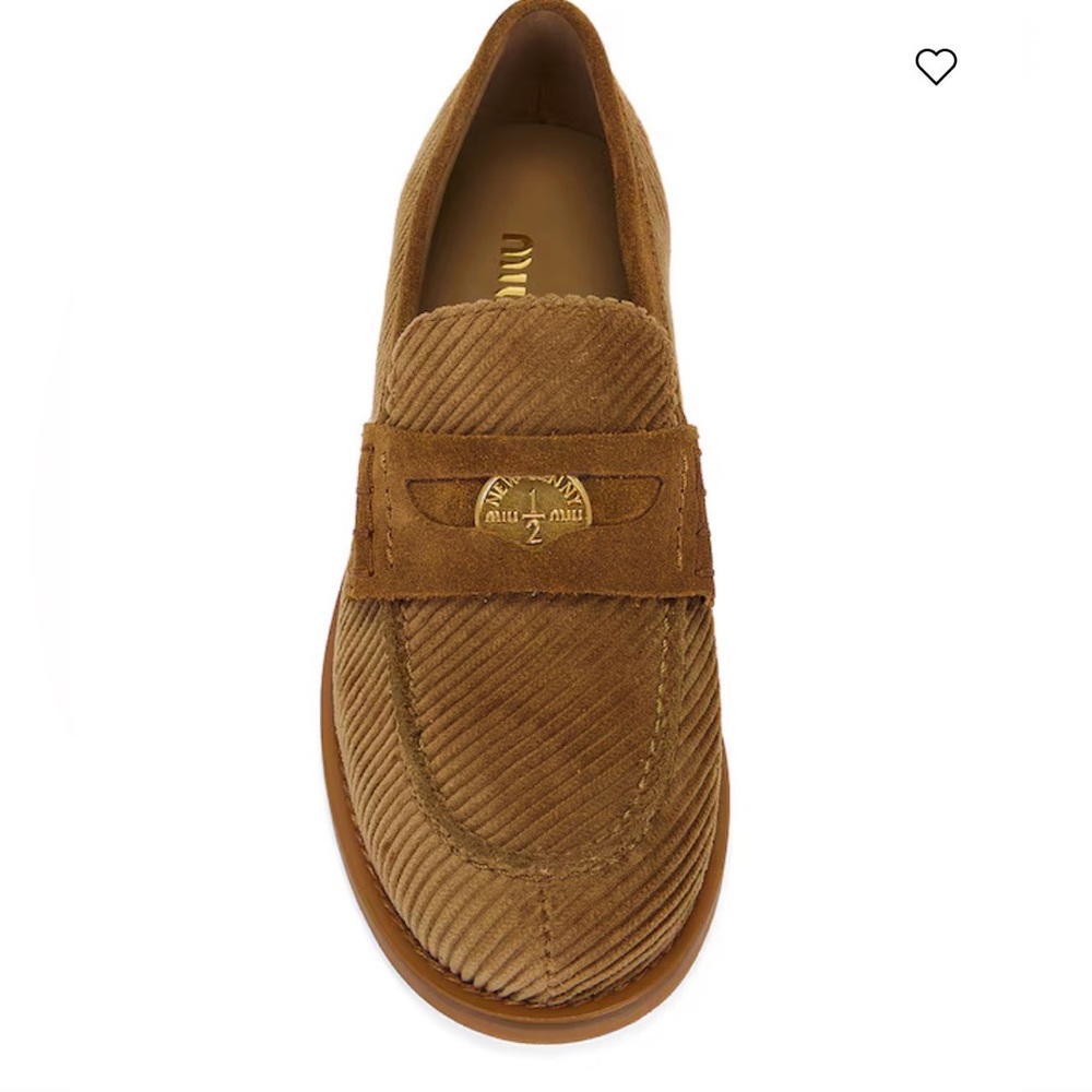 Miu Miu Brown Corduroy Penny Loafers with Gold Accent